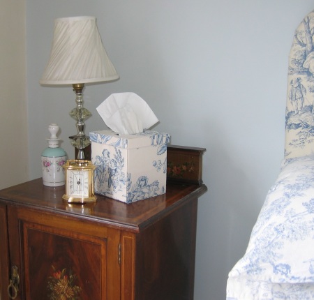 My little Edwardian bedside table and a new tissue box holder.